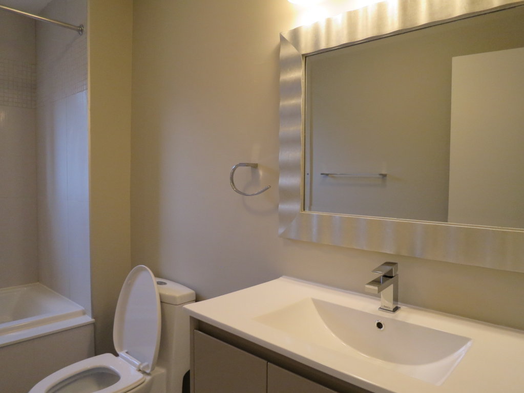 bathroom vanity, sink and toilet
