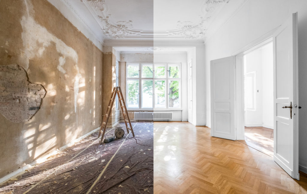 before and after shot of a renovation in a living room with bay window
