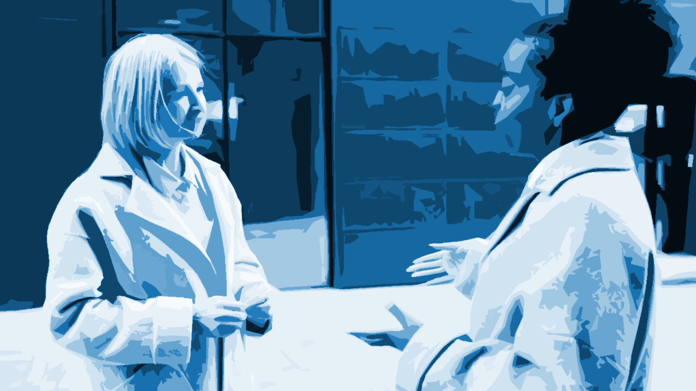 an illustration of two women talking on the street with a blue overlay