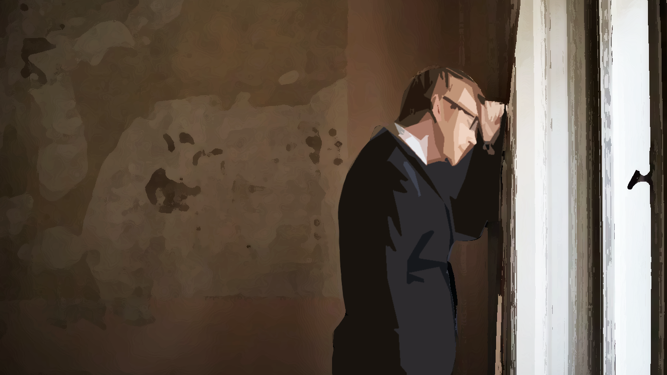 an illustration of a sad man by a window in a cutout and dry brush style