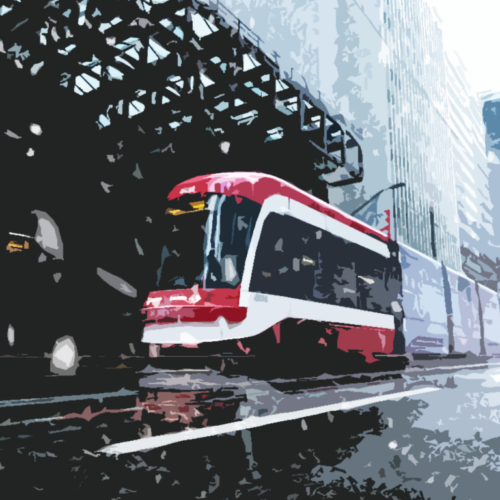 an illustration of a streetcar driving through a snowy downtown street in Toronto