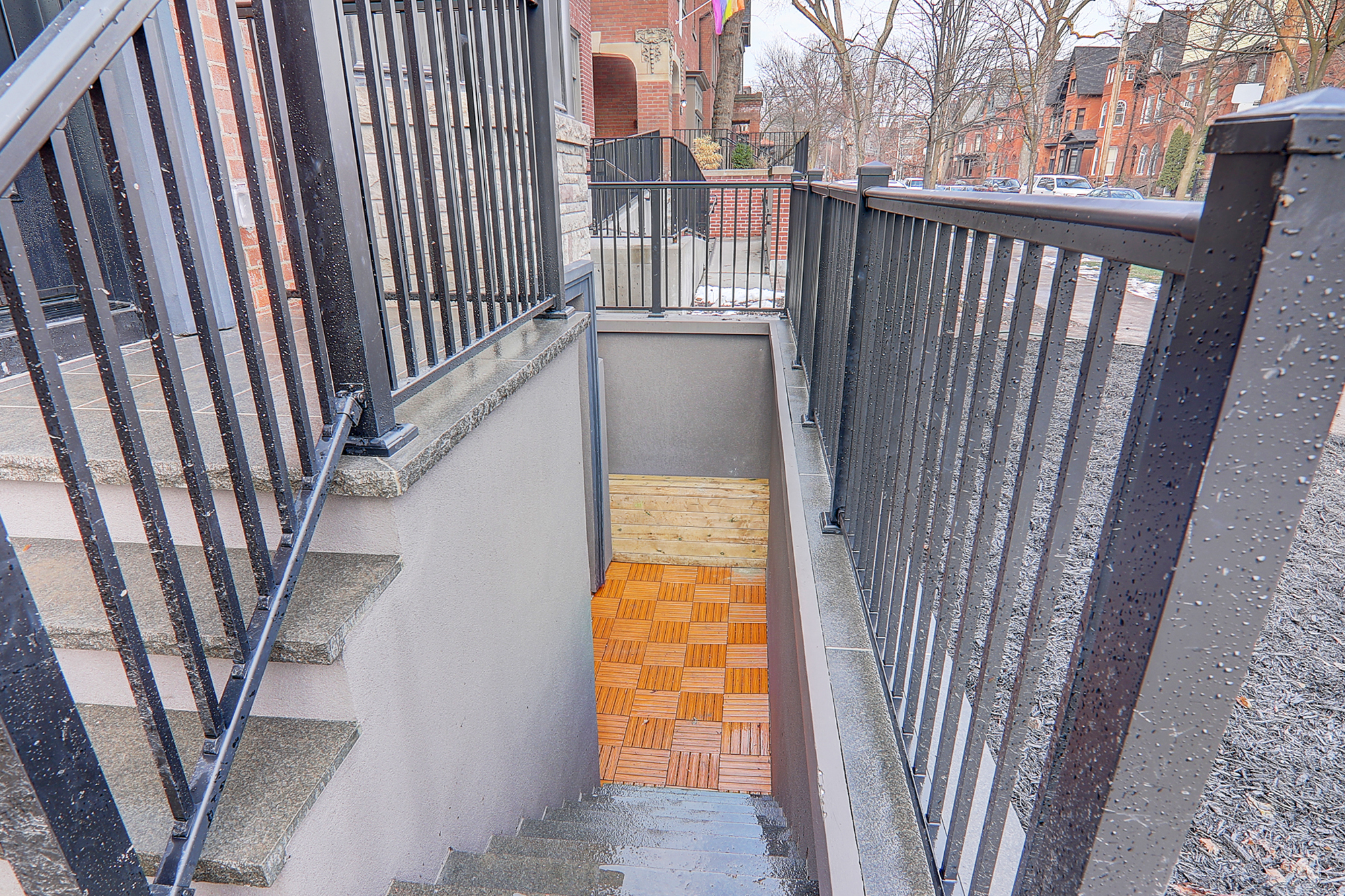 A staircase leading to a narrow area