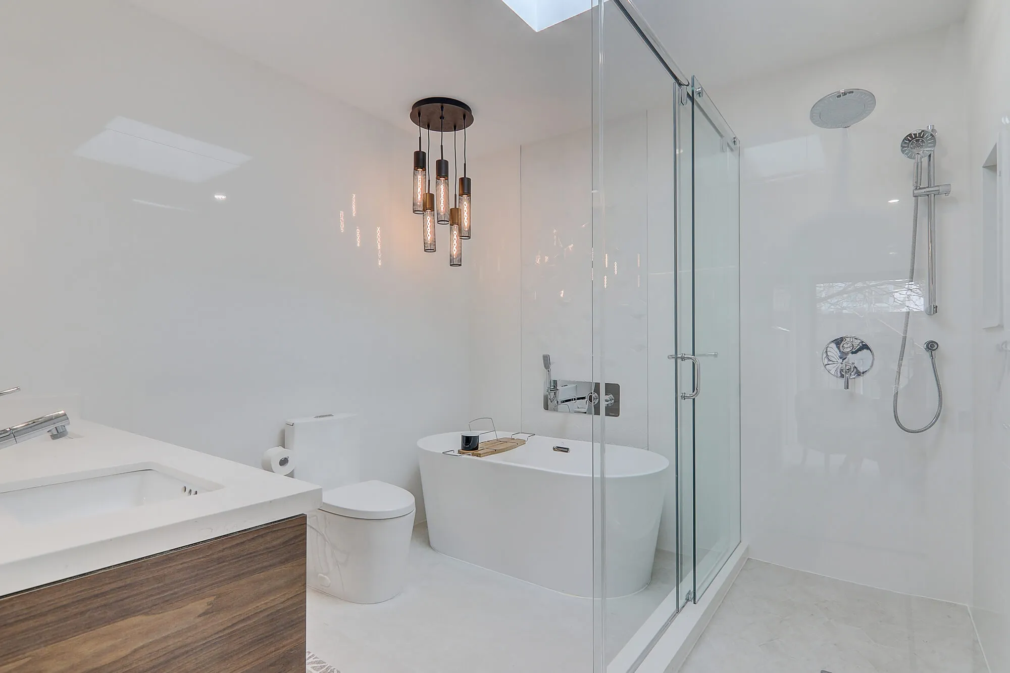 A bathroom with a shower and tub