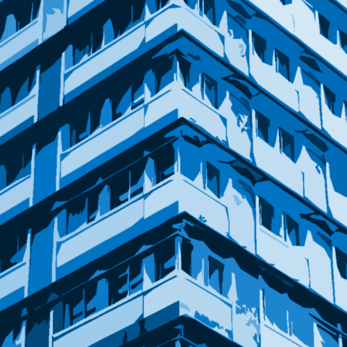 abstract illustration of the side of an apartment building with a blue overlay