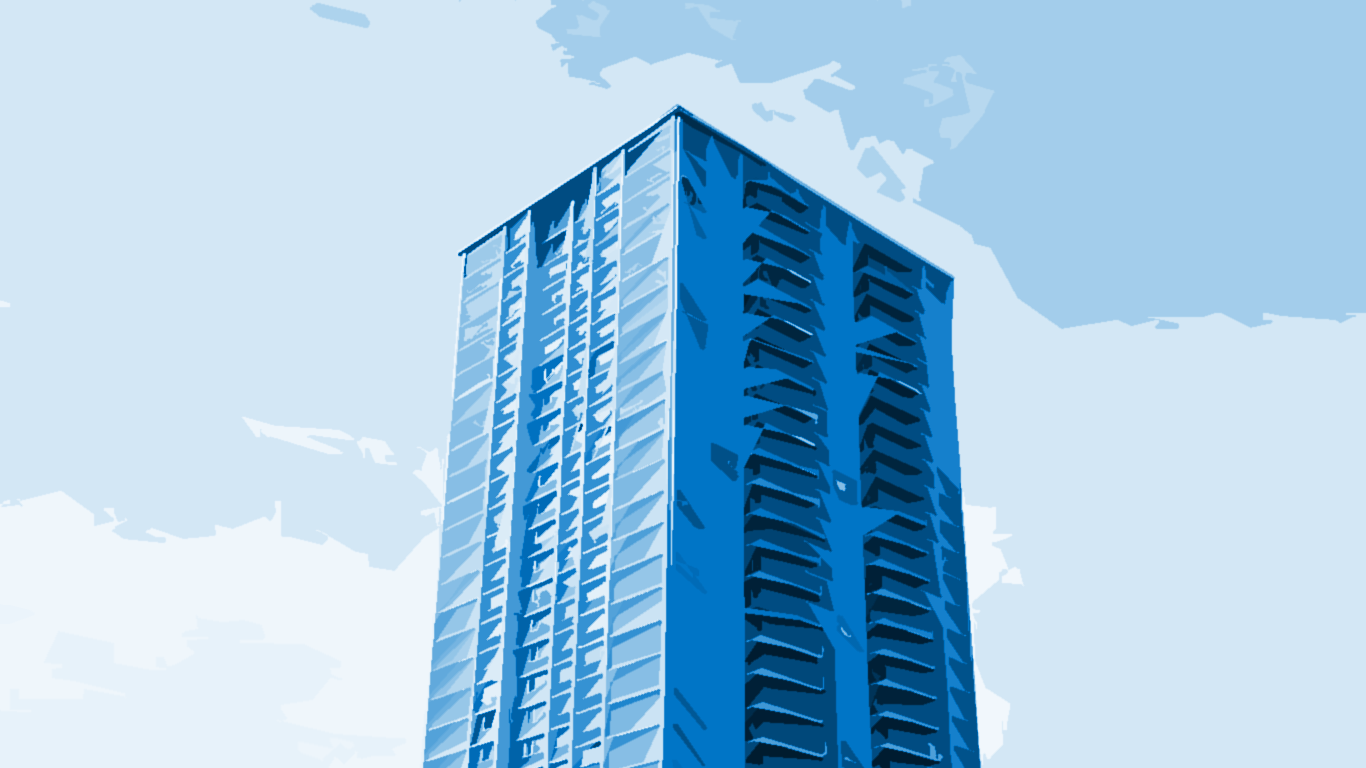 monochromatic blue illustration of a single apartment building