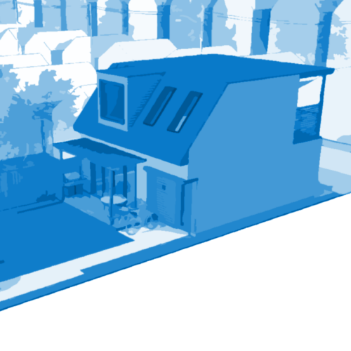 an illustration of a laneway house in a technical style for explaining purposes