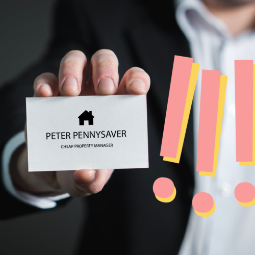 a close up on a business card that says Peter Pennysaver Cheap Property Manager with 3 warning exclamation points next to it