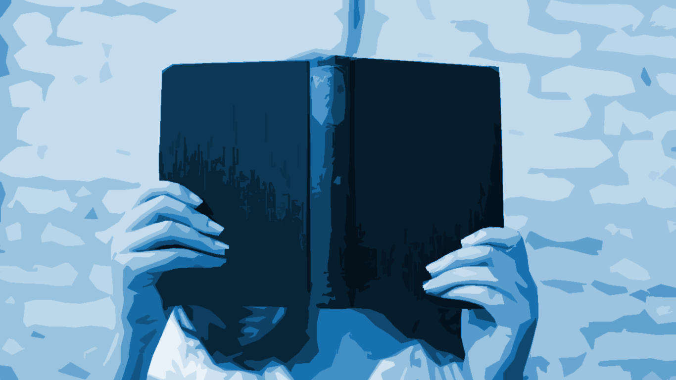 an illustration of two hands holding a book open so that it covers the readers face