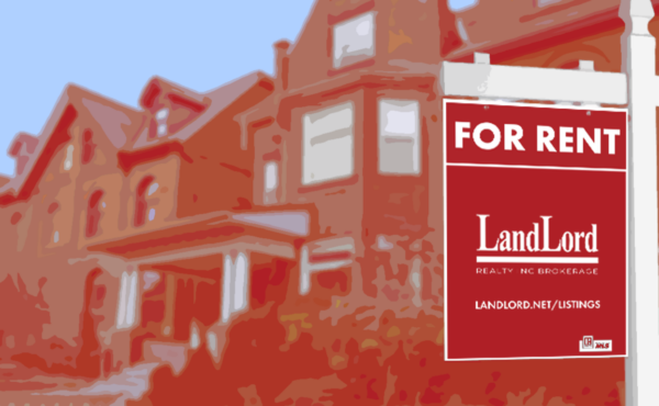 an illustration of a LandLord Realty Inc., "For Rent" sign outside a townhouse