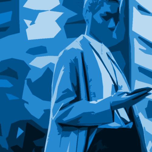 illustration of a woman on her phone in a blue overlay and in the style of cutout