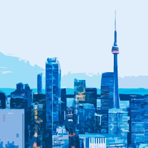 Toronto skyline illustrated with blue overlay in the style of cutout