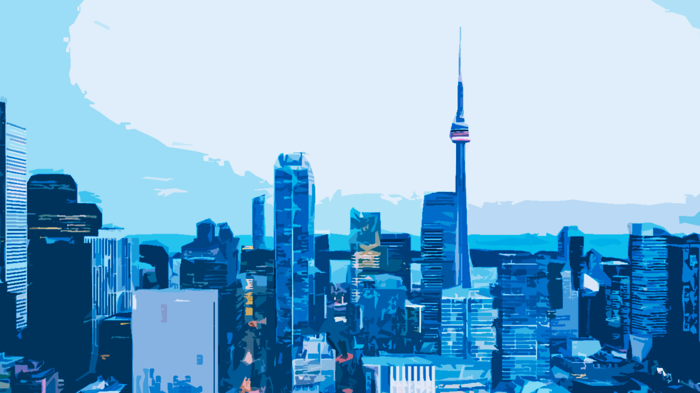 Toronto skyline illustrated with blue overlay in the style of cutout