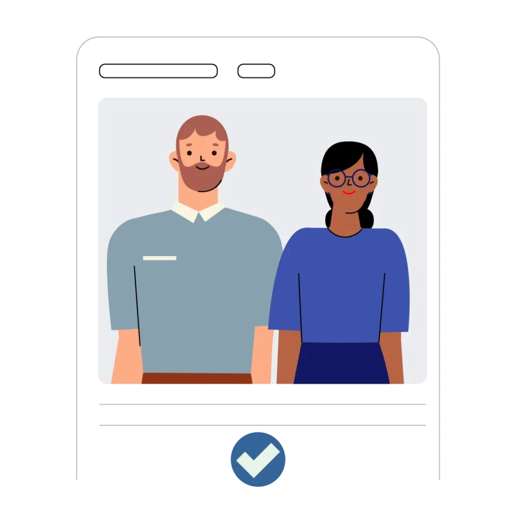 an illustration of a mobile user interface with two people (tenants) and a blue and green check mark