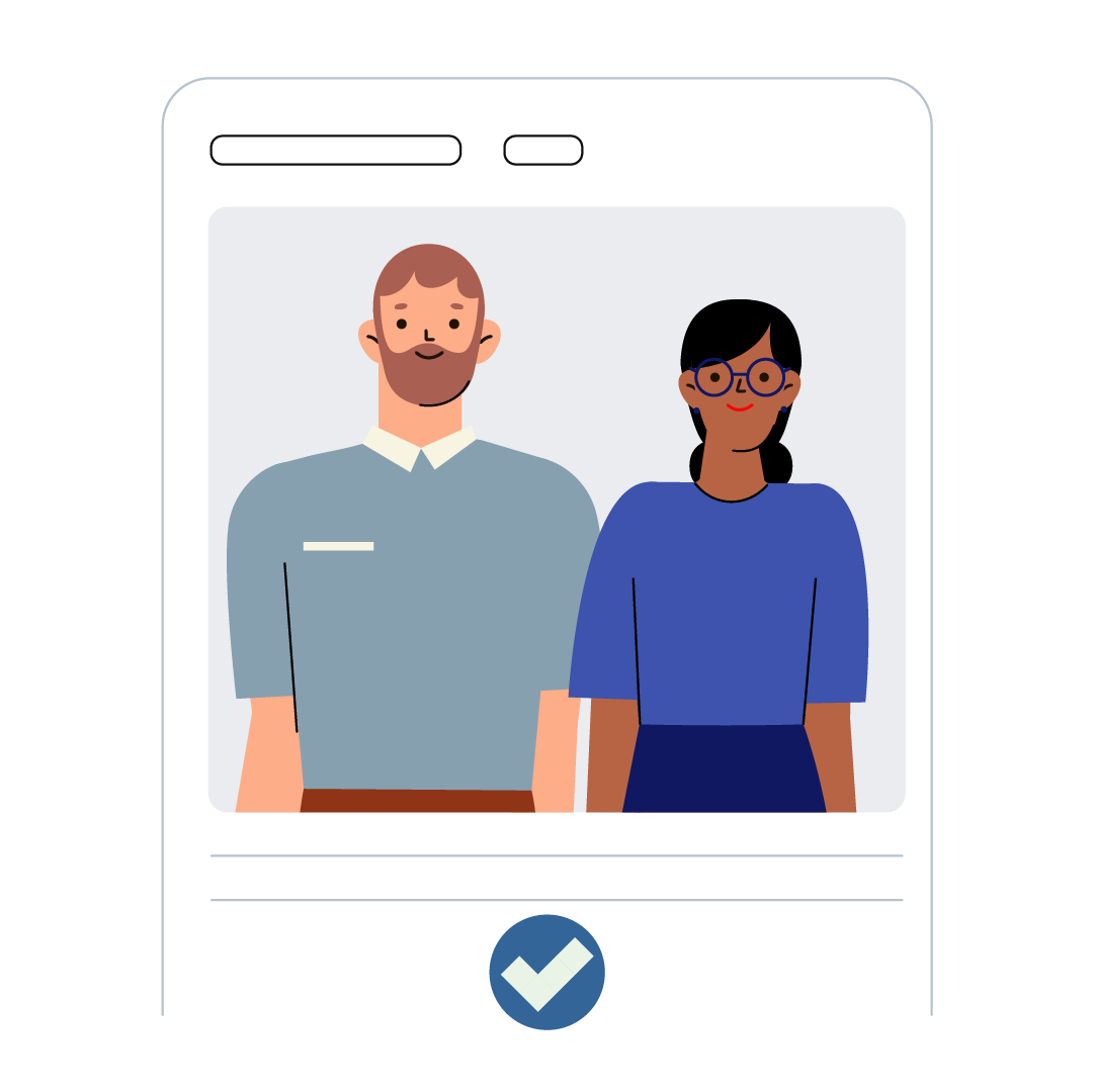 an illustration of a mobile user interface with two people (tenants) and a blue and green check mark