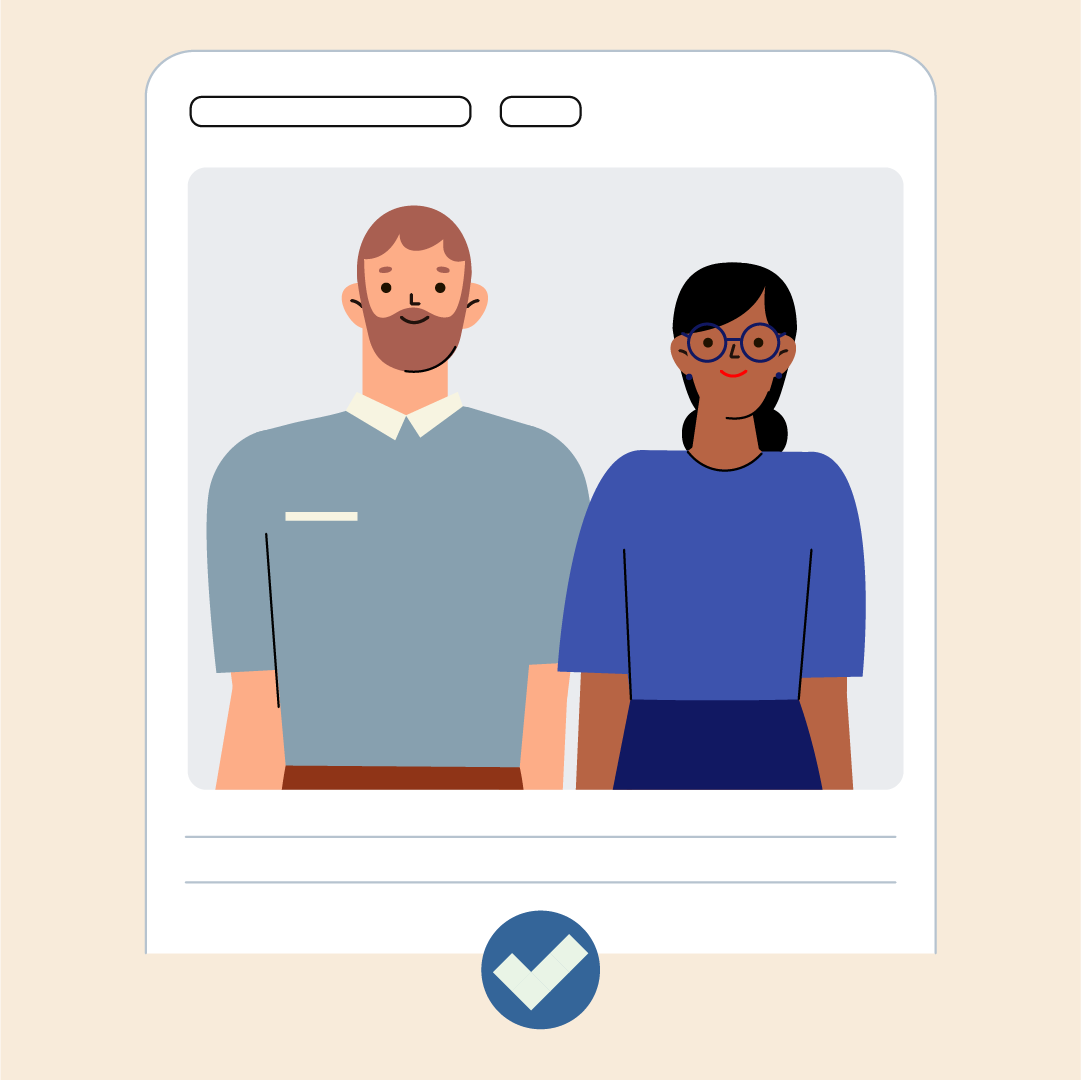 an illustration of a mobile user interface with two people (tenants) and a blue and green check mark