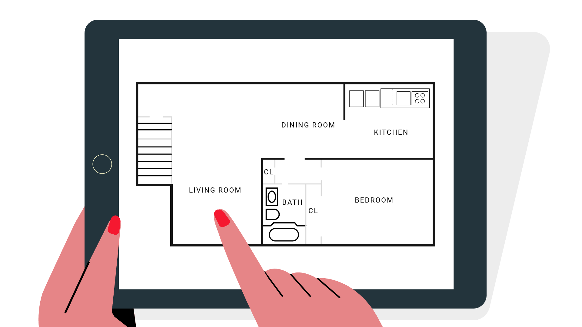 an illustration of hands holding a tablet with blueprints of a renovated rental property