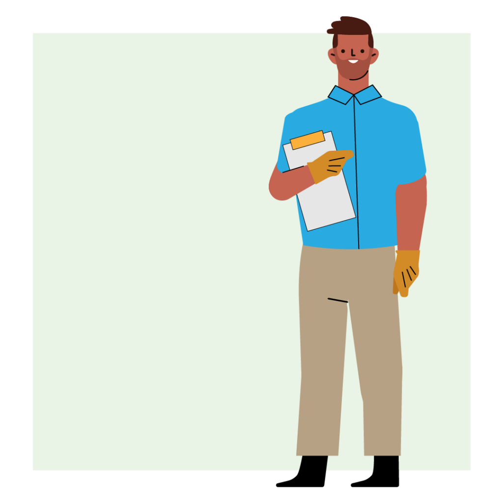 an illustration of a construction manager wearing cloves and holding a clip board