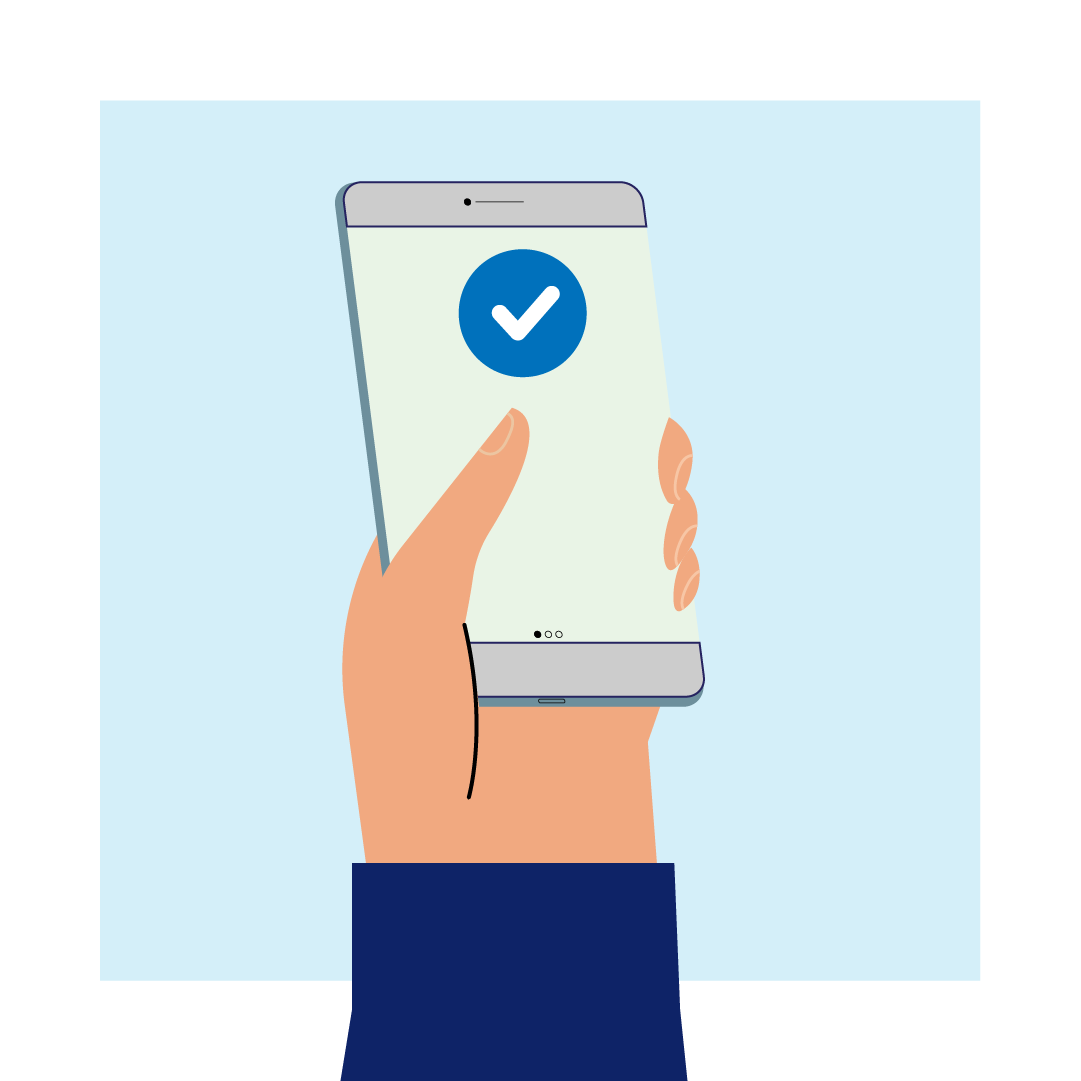 an illustration of a landlords hand holding a mobile device with a blue check, signalling a direct deposit of rent