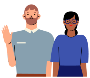 a man waving his hand, and a woman wearing glasses and blue shirt