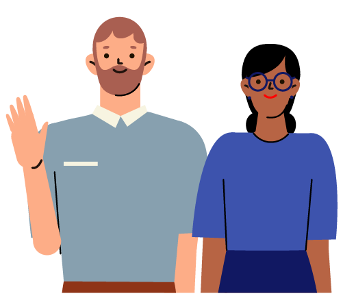 a man waving his hand, and a woman wearing glasses and blue shirt