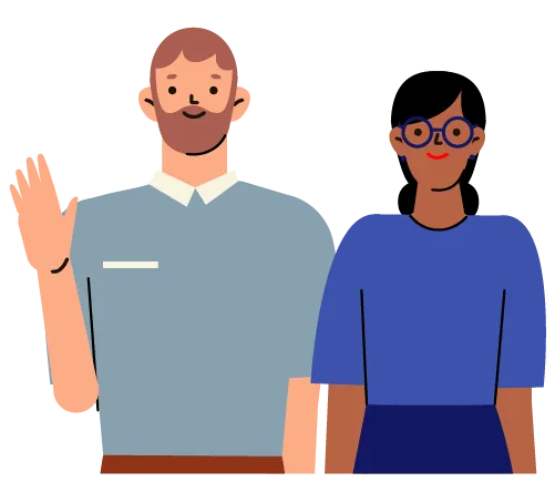 a man waving his hand, and a woman wearing glasses and blue shirt