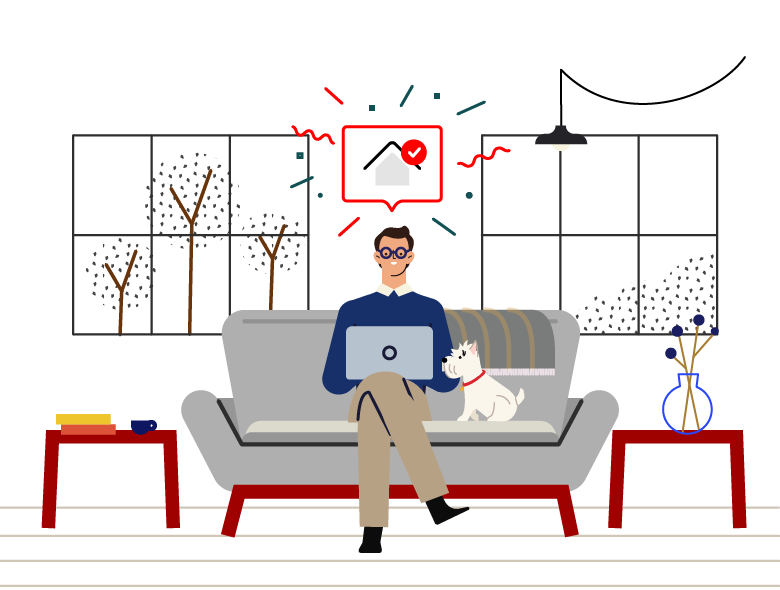 an illustration a property owner looking at computer smiling, a white dog