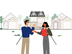 an illustration of a man and a woman holding hands, houses in the back