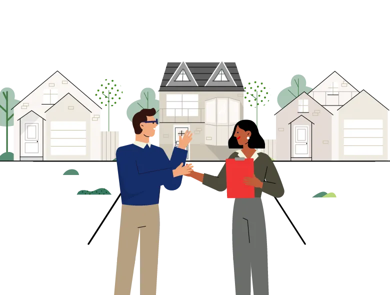 an illustration of a man and a woman holding hands, houses in the back