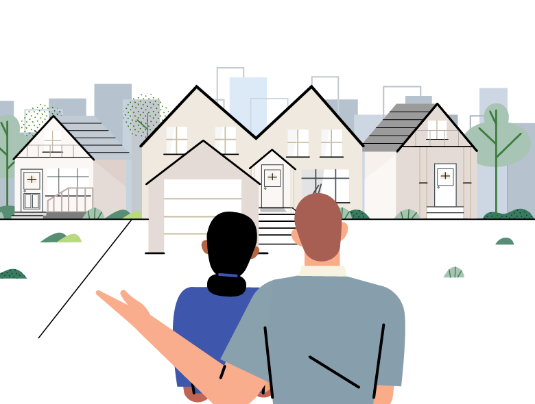 an illustration of a couple looking at houses