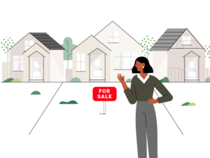 an illustration of beige houses, a woman and a "for sale" sign