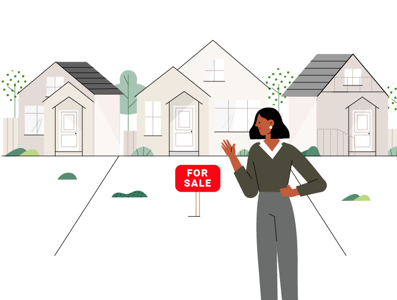 an illustration of beige houses, a woman and a "for sale" sign