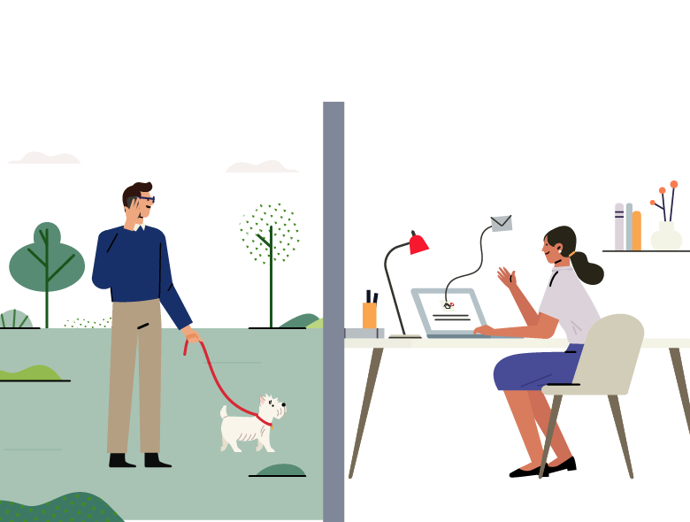 an illustration of a property owner walking a dog, holding a phone, and a property manager working on computer