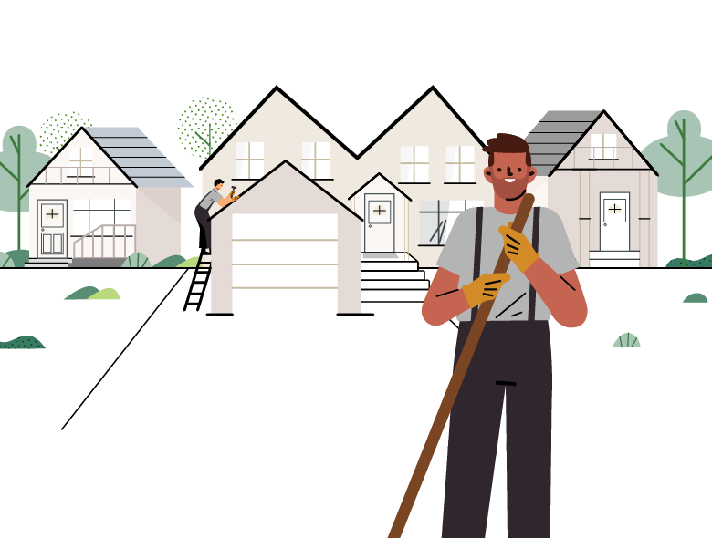 an illustration of a contractor holding a broom in front of a house