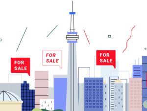an illustration of multiple building with a "For sale" signs