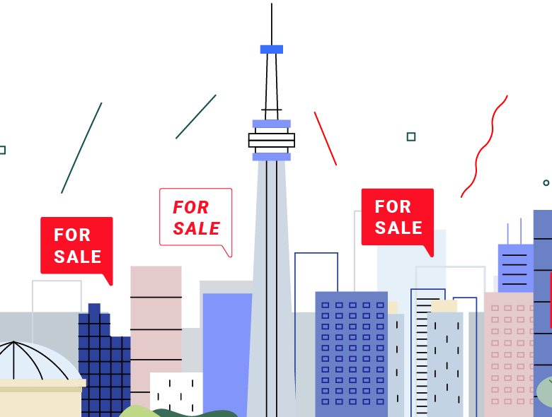 an illustration of multiple building with a "For sale" signs