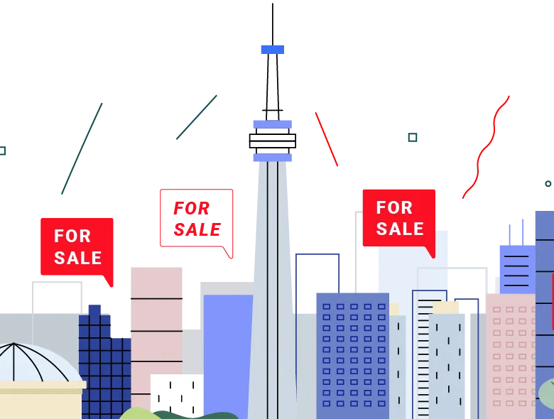 an illustration of multiple building with a "For sale" signs