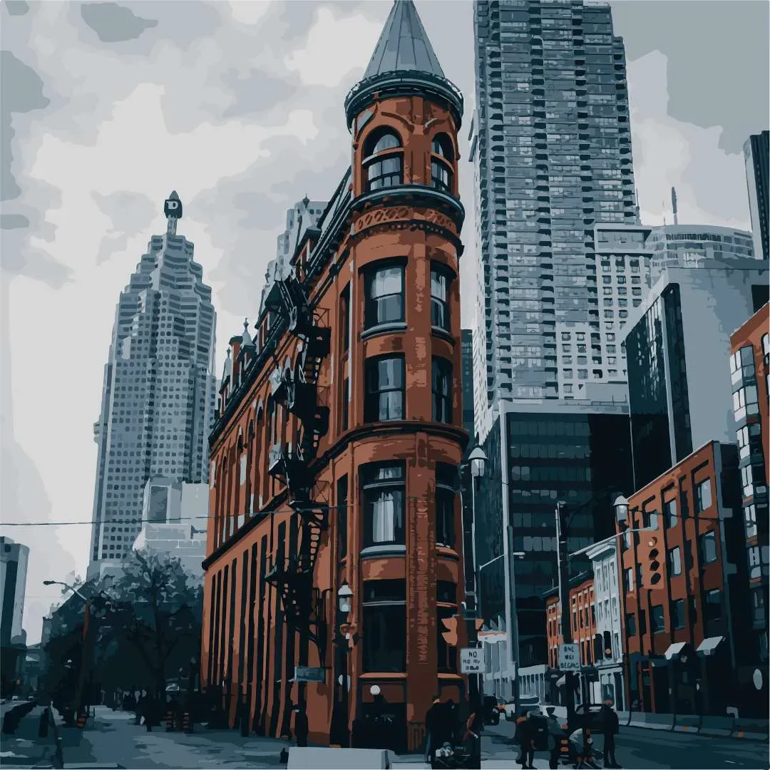 A city street with buildings and people