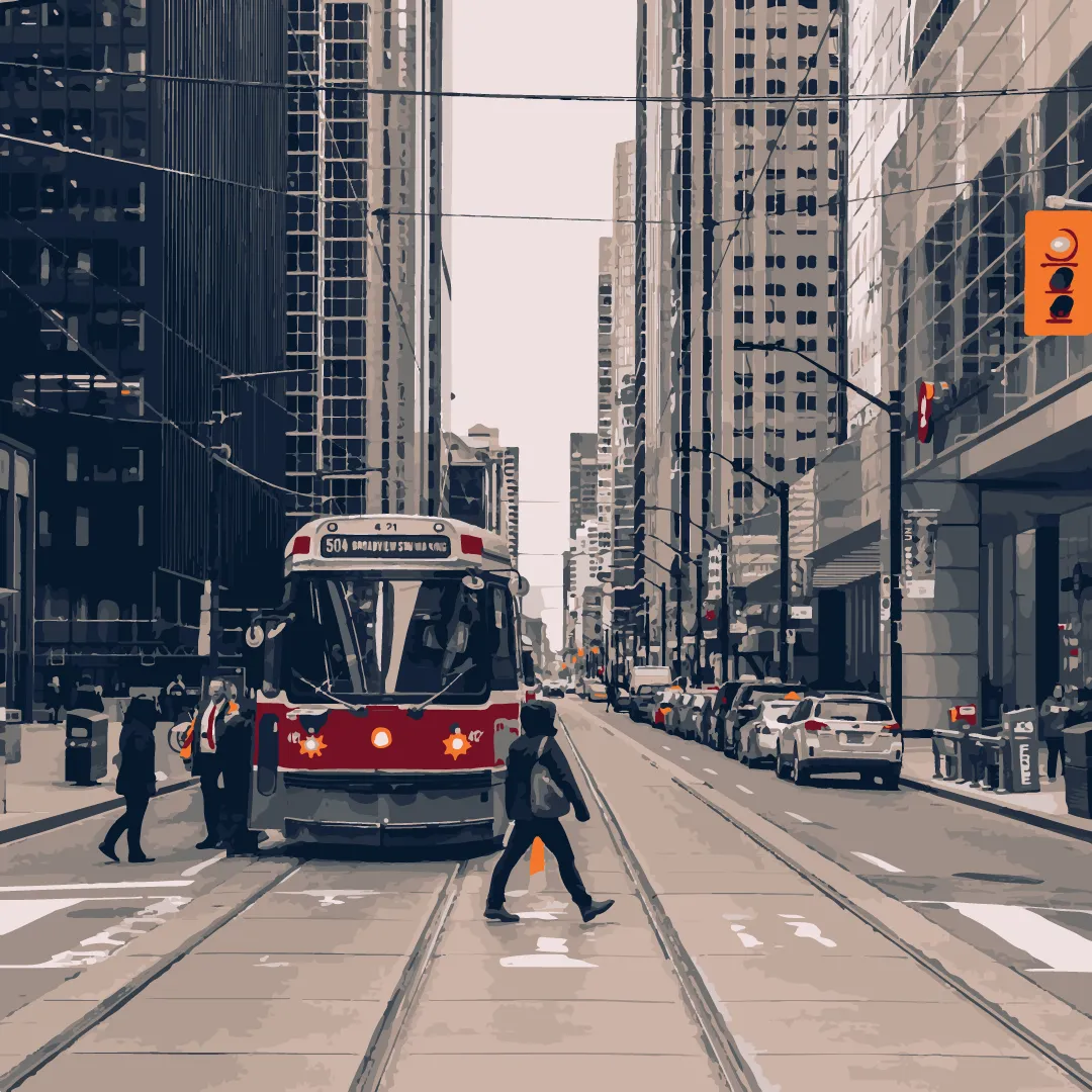 A red trolley on a street in a city