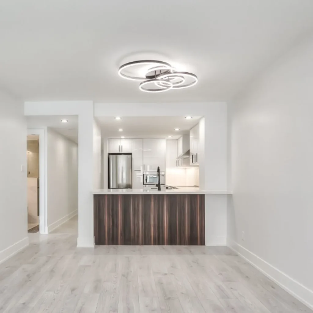 A kitchen with a light fixture