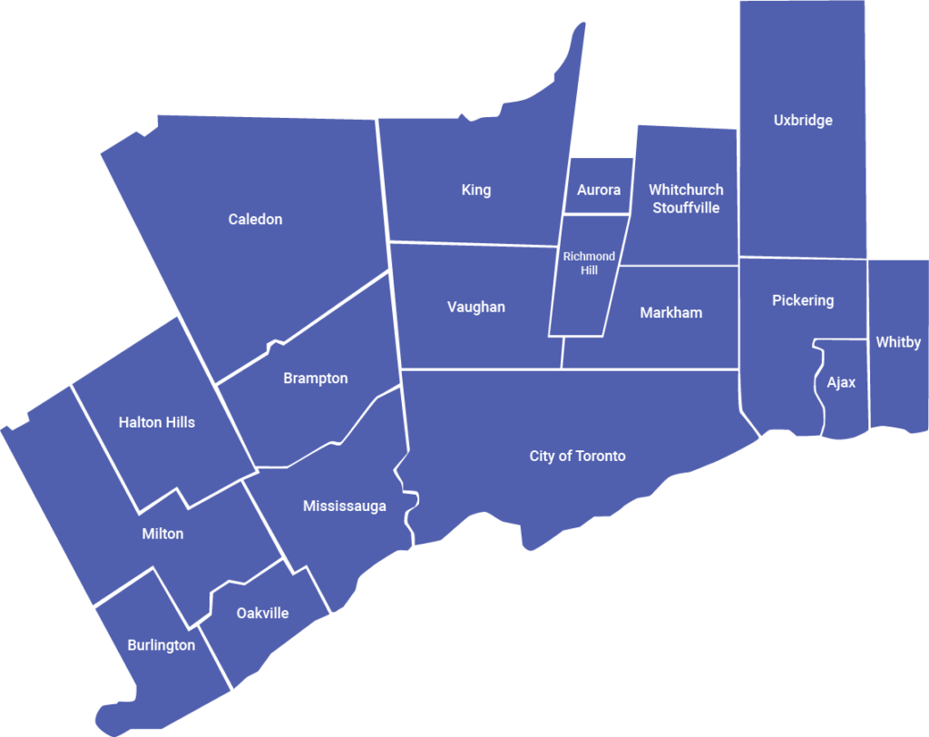 Service area map with cities in the GTA