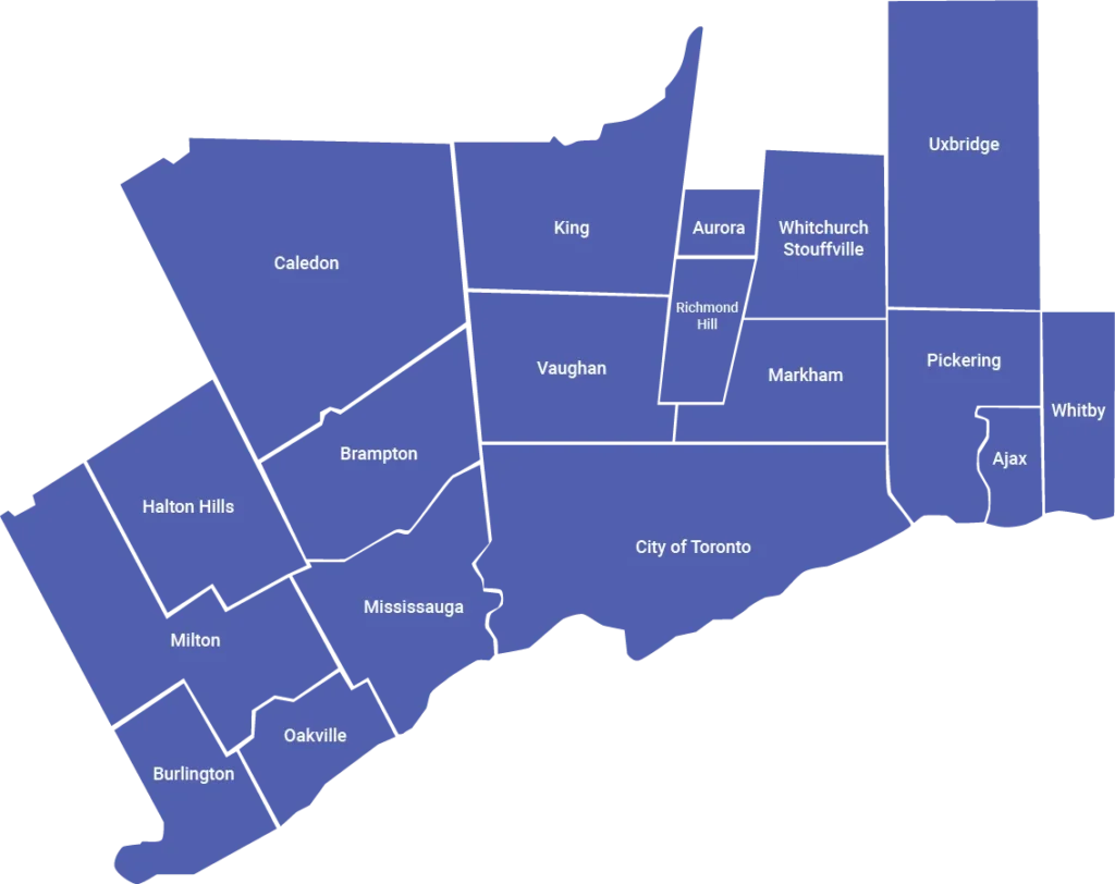 Service area map with cities in the GTA