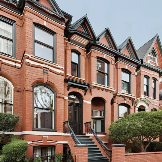 A row of brick buildings with stairs