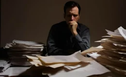 A man sitting on a desk with a pile of papers