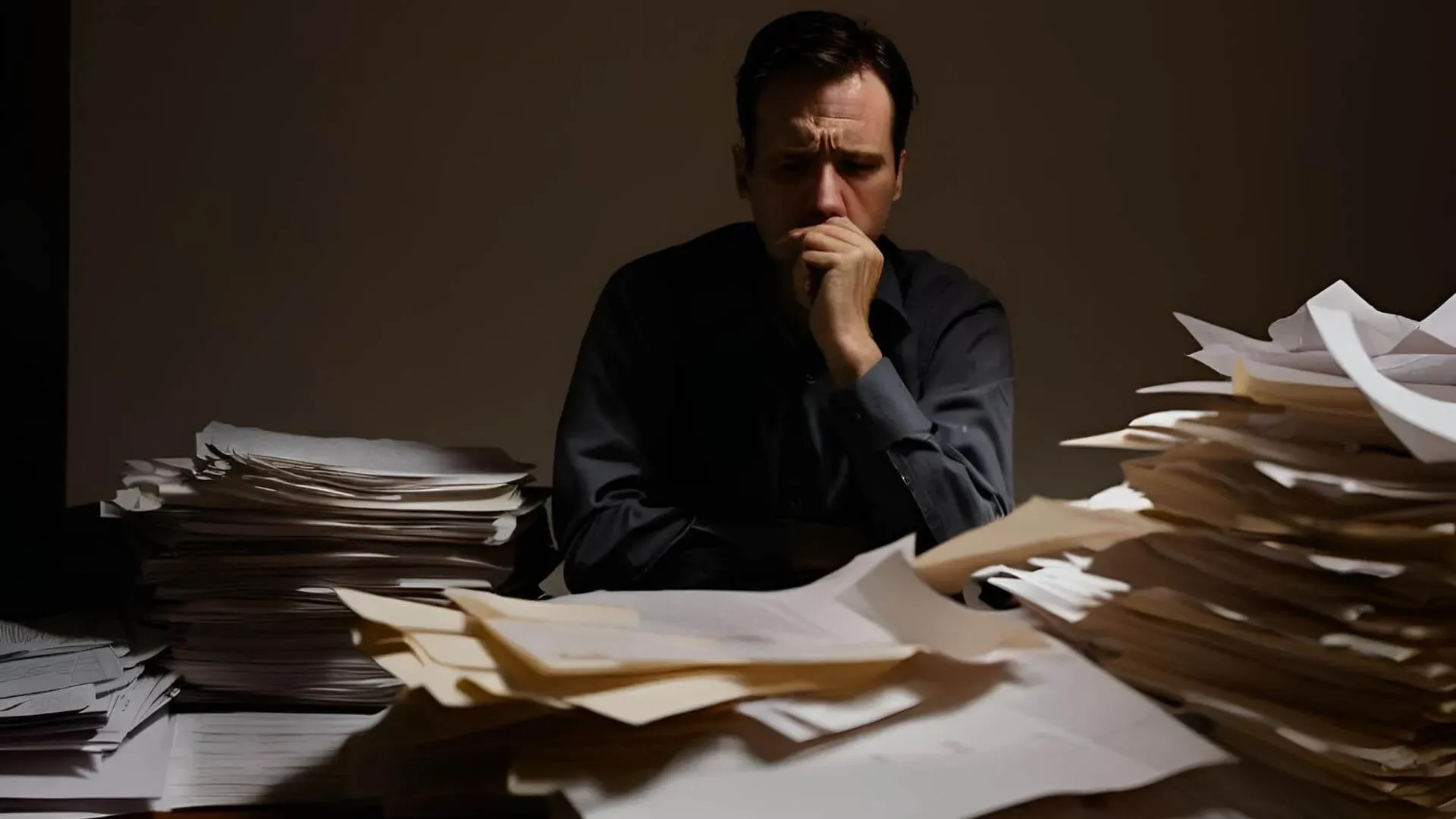 A man sitting on a desk with a pile of papers