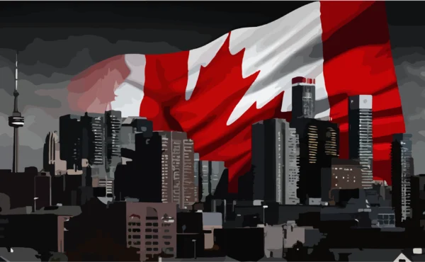 Toronto skyline and a Canadian flag on the background for foreign investors