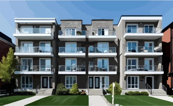 Modern multiplex building in Canada showcasing generational housing solutions with multiple family units and private balconies.