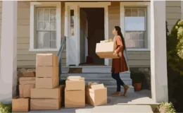 Tenant moving out of a shared rental home in Ontario, carrying a box among packed moving boxes.