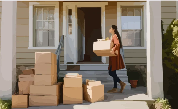Tenant moving out of a shared rental home in Ontario, carrying a box among packed moving boxes.