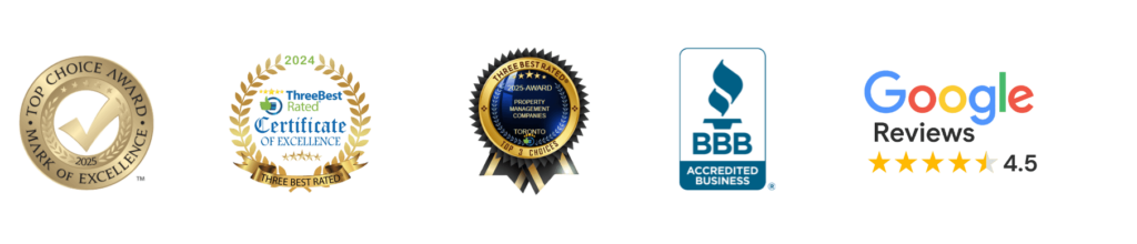 Row of trust badges—Top Choice, ThreeBestRated, BBB Accredited and 4.5-star Google Reviews—for LandLord Group.