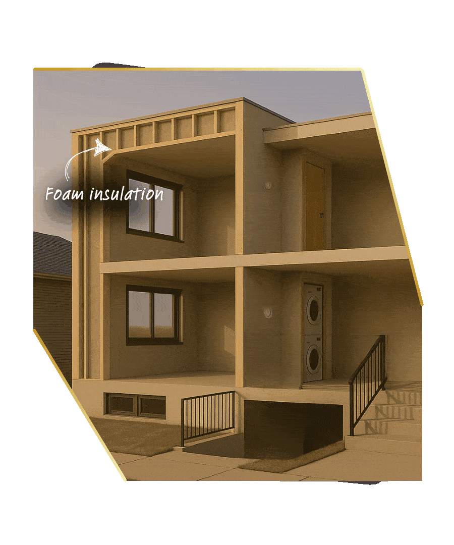 Animated cut-away of a two-storey multiplex, arrows highlighting mirrored room layouts between upper and lower units.